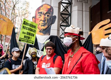 Brooklyn, New York, United States. October 25, 2021: Amazon's Staten Island Warehouse Workers File Petition For Union Election.