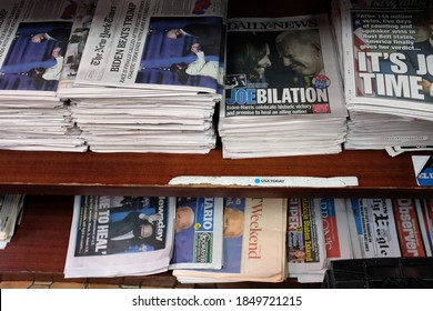 Brooklyn, New York / US - November 8 2020: Brooklyn Bodega Interior, Newspaper Headlines Announce Joe Biden As The Winner Of The 2020 Presidential Election 