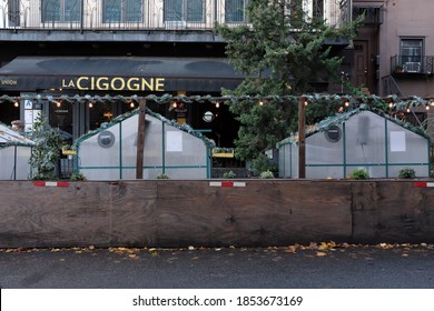 Brooklyn, New York / US - November 13 2020: Outdoor Dining Structures In The Streets Of New York Built To Accommadate Regulations For Indoor Dining During The COVID-19 Pandemic