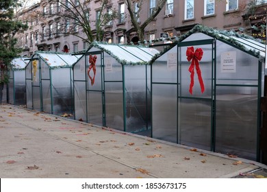 Brooklyn, New York / US - November 13 2020: Outdoor Dining Structures In The Streets Of New York Built To Accommadate Regulations For Indoor Dining During The COVID-19 Pandemic