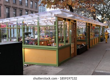 Brooklyn, New York / US - November 21 2020: Outdoor dining structures in the Fort Greene neighborhood of Brooklyn. Restaurants have felt the affects of the coronavirus pandemic acutely. 