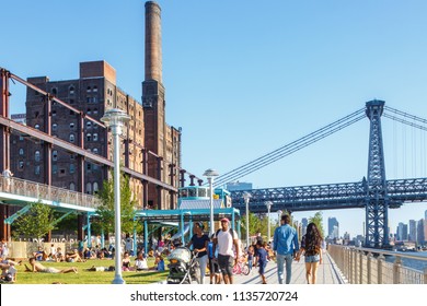 Brooklyn, New York / USA - 07 08 2018: Domino Park in Brooklyn, Williamsburg, Old sugar factory, 