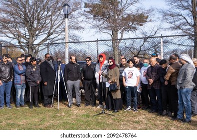 Brooklyn, New York, USA - December 17, 2021: Brooklyn, Bensonhurst Park On Caesar Bay: Meeting In Memory Of Fadhi Moosa, Bodega Worker Killed In Flatbush Ave Bodega On December 15, 2021