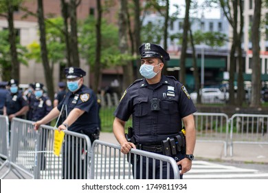 Brooklyn, New York / USA - June 4, 2020: NYPD Police Officers And Cops In Uniforms And Masks At Protest And Rally For Black Lives Matter And George Floyd