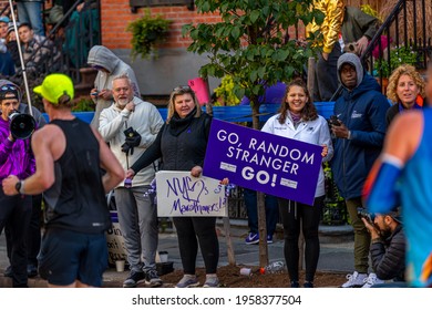 Brooklyn, New York, USA - November 3. 2019: Fans Cheering On Marathon Runners On Sidewalk During Running Race