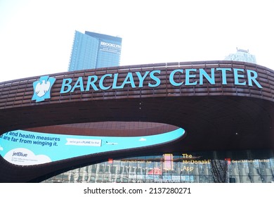 Brooklyn, NY; Circa 2022: Exterior View Of Barclays Center Neon Light Sign Outside Famous Sports Arena On Bright Morning Day. Host NETS Basketball And Islanders Hockey, Concerts And Exhibitions.