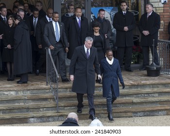 Brooklyn, NY - January 04, 2015: Mayor Bill De Blasio, Chirlane McCray, Loretta Lynch Attend Ceremony At Aievoli Funeral Home For The Funeral Of Slain New York City Police Officer Wenjian Liu