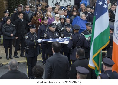 Brooklyn, NY - January 04, 2015: Police Officers Prepare Colors Outside Aievoli Funeral Home For The Funeral Of Slain New York City Police Officer Wenjian Liu