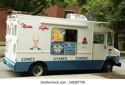 BROOKLYN, NY - JULY 13: Ice cream truck in Park Slope section of Brooklyn on July 13, 2013. Mister Softee is a United States-based ice cream truck franchisor popular in the Northeast founded in 1956