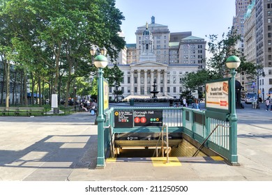 BROOKLYN, NY - JUNE 21, 2014: Brooklyn Borough Hall Subway Station Entrance.