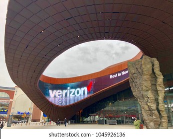 BROOKLYN, NY - MARCH 12, 2018: Up View Of The Exterior Structure Of Barclays Center Multipurpose Arena On A Cloudy Day. Barclays Hosts Concerts, Boxing, Basketball And Entertainment Events.