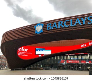 BROOKLYN, NY - MARCH 12, 2018: The Exterior Of Barclays Center Multipurpose Arena On A Cloudy Day. Barclays Hosts Concerts, Championship Boxing, College Basketball And Entertainment Events.