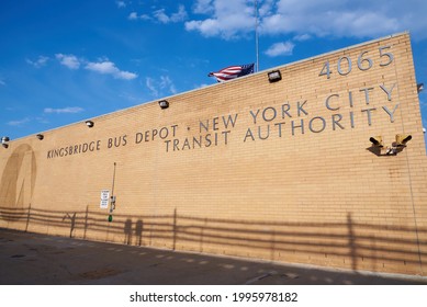 Brooklyn, NY - May 15 2021: The Brick Facade Of Kingsbridge Bus Depot Of The NYC Transit Authority In The Inwood Neighborhood Of Manhattan, NYC