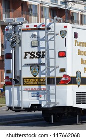 BROOKLYN, NY - NOVEMBER 04: In The Aftermath Of Superstorm Sandy, A NYPD Brought Emergency Command Center Bus At Sheepsheadbay Channel On November 4, 2012 In Brooklyn, New York