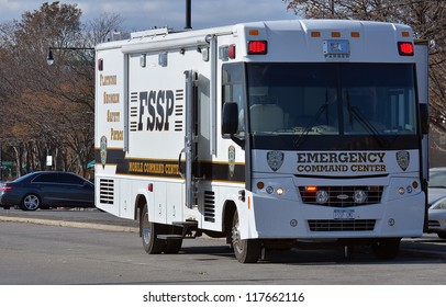 BROOKLYN, NY - NOVEMBER 04: In The Aftermath Of Superstorm Sandy, A NYPD Brought Emergency Command Center Bus At Sheepsheadbay Channel On November 4, 2012 In Brooklyn, New York