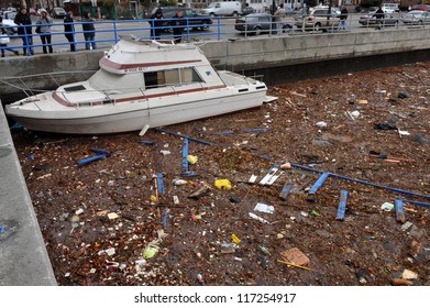 BROOKLYN, NY - OCTOBER 30: Debris Litters The Water In The Sheapsheadbay Neighborhood Due To Flooding From Hurricane Sandy In Brooklyn, New York, U.S., On Tuesday, October 30, 2012.