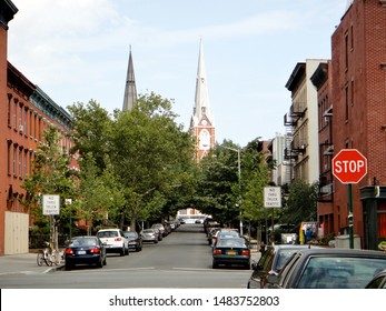 Brooklyn, NY - September 12 2012: Streetscape view of Milton Street and the St. Anthony of Padua church in Greenpoint