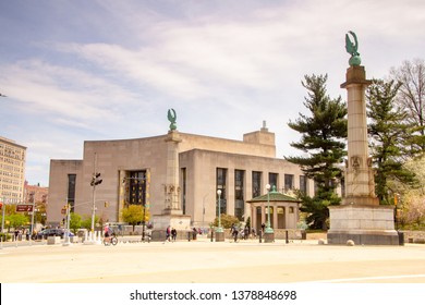 Brooklyn, NY / United States - April 17, 2019: A Landscape View Of Brooklyn Public Library's Central Library And Coulmns From Grand Army Plaza,  