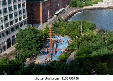 Brooklyn, NY / USA - JUL 31 2018: Main St. Playground In Brooklyn Bridge Park Dumbo