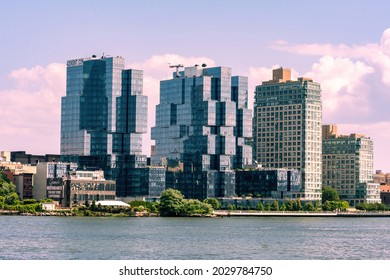 Brooklyn, NY - USA - July 30, 2021: Horizontal view of iconic 420 Kent Luxury Brooklyn Apartments in Williamsburg, Brooklyn. A luxury glass apartment complex on the East River