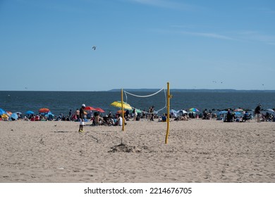 Brooklyn, NY, USA - June 5, 2022: A Beach Volleyball Net On Coney Island Beach In Summer.