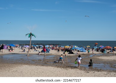 Brooklyn, NY, USA - June 5, 2022: Children Playing On Coney Island Beach In Summer.