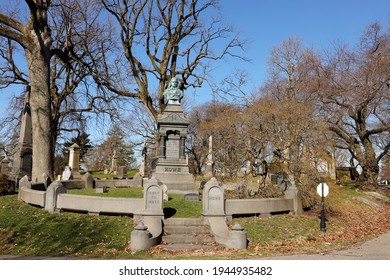 Brooklyn, NY, USA, March 27, 2021: Graveyard At Green Wood Cemetery With The Tomb Of Elias Howe Jr. March 27, 2021 In Brooklyn, NY, USA