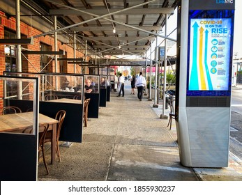 Brooklyn, NY, USA - Nov 17, 2020:  Peter Luger Steakhouse Outdoor Dining On The Sidewalk Due To The COVID-19 Pandemic