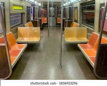 Brooklyn , NY/ USA - September 14, 2020: Empty Seats On A New York City Subway Car