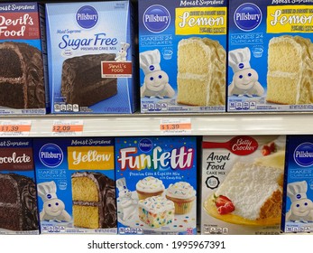 Brooklyn Park, MN - June 7, 2021: Various Boxes Of Pillsbury Cake Mixes On Display At A Grocery Store For Sale