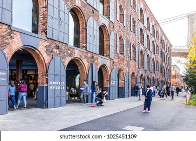 Brooklyn, USA - October 28, 2017: Dumbo Outside Exterior Outdoors In NYC New York City, People Walking By West Elm Neighborhood Stores