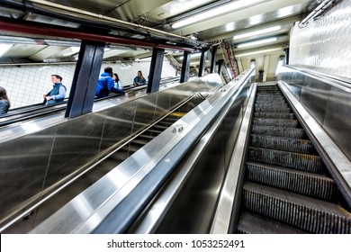 Brooklyn, USA - October 28, 2017: Empty Underground Transit Escalator, Stairs Up In NYC New York City Subway Station, By Brooklyn Bridge, Cadman Plaza West, Cranberry Street, Henry