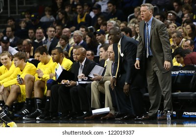 BROOKLYN-DEC 15: Michigan Wolverines Head Coach John Beilein (R) Reacts On The Sidelines Against The West Virginia Mountaineers At Barclays Center On December 15, 2012 In Brooklyn.