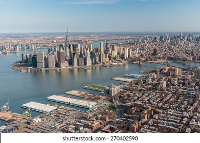 BROOKLYN,NY - APRIL 5:Aerial View Of Brooklyn With Downtown Manhattan In The Background On April 5,2015.It Is The Most Populous Of New York City's Five Boroughs, With About 2.6 Million People