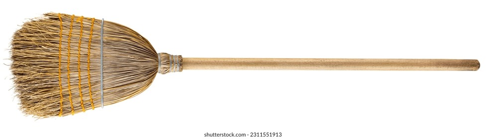 Broom. Old used corn straw broom. Professional natural organic wooden large heavy duty broom. Cleaning tool for home, garden, office room. Commercial business, cleaning service. Isolated background