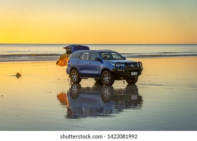 Broome, WA, Australia - Jun 07, 2019: Toyota 4WD Parked On The Beach At Sunset