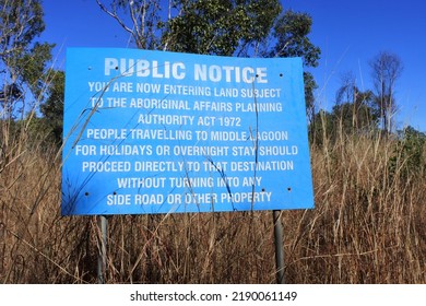 BROOME, WA - JULY 15 2022:Public Notice Sign On Traditionally-owned Aboriginal Australians Community Land.Indigenous Communities In Remote Australia Are Isolated Towns With Basic Facilities.