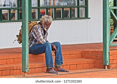 Broome, Western Australia/Australia - January 1 2019: An Elderly Indigenous Australian Man Sits On A Step On A Hot And Humid Day In Broome.