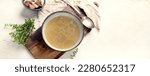 Broth in Bowl on gray background, healthy food, top view, copy space, panorama, banner,