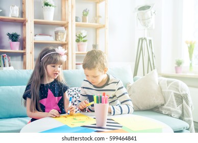 Brother Sister Drawing Colorful Pencils Together Stock Photo (Edit Now