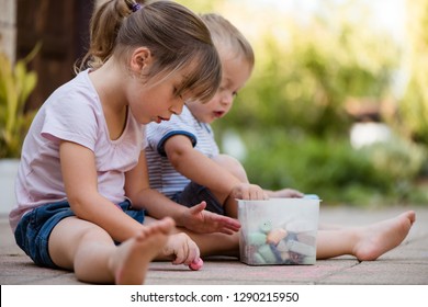 Brother Sister Drawing Together Drawing Chalk Stock Photo 1290215950