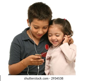 Brother and sister sharing a mp4 player - Powered by Shutterstock