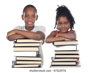 Brothers supported on a stack of books isolated on white