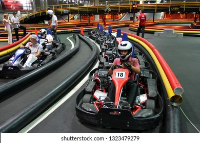 Brovary. Ukraine, 19.07.2007 The Mens Are Sitting On The Pitstop Before The Start Of The Races. Go Kart Speed Rive Indoor Race Opposition Race.