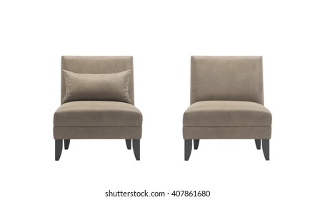 Brown armchairs with and without pillow, isolated with clipping mask.
