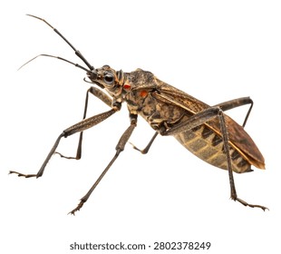 Brown Assassin Bug Predatory Insect Macro Isolated on White Background