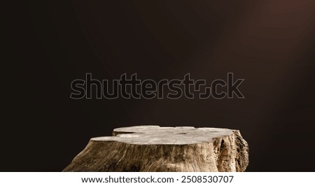 Brown Background with light, shadow on Tree Trunk Podium for Product Display mockup, Studio Background design with stump wood stage stand on concrete wall,Concept for organic cosmetic present