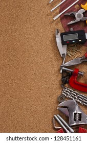 Brown background with various tools