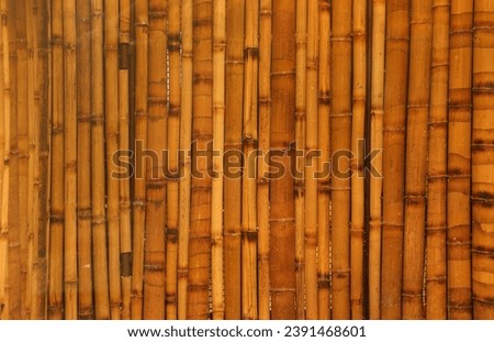 Brown bamboo texture background coming from natural bamboo straws. The oriental asian fencing has a beautiful yellow pattern, fence texture in daytime