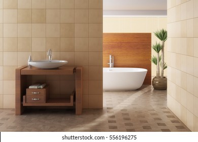 Brown Bathroom Including Bath And Sink, 3d Render